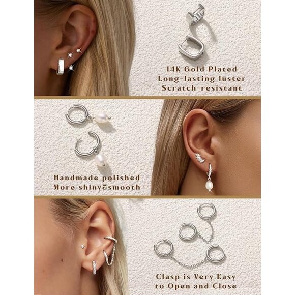 ⚡Gold Hoop Stud Chain Earrings Set for Women 14K Plated Hypoallergenic 8 Pairs - Picture 2 of 6